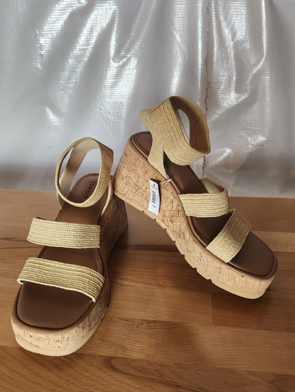 Torrid Raffia Cork Platform Wedge Sandals 10.5WW Tan Coastal Boho Chunky NWT